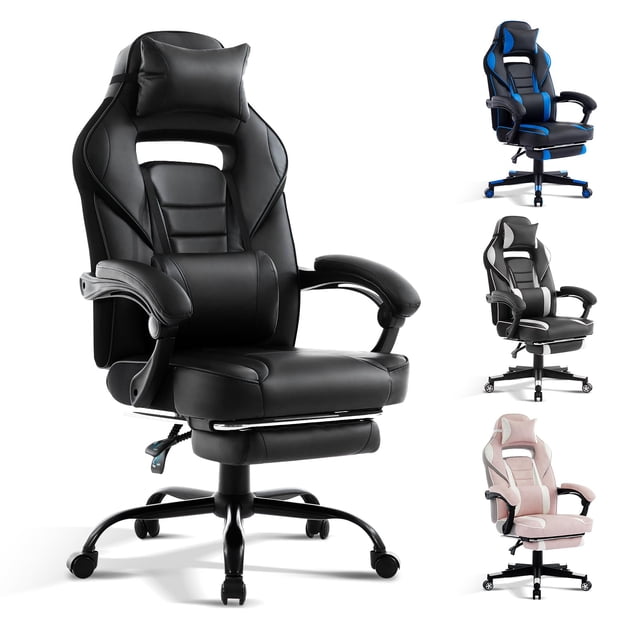QinaQin Silla gamer grande y alta con reposapiés, cabecera ajustable y reclinación de 90° a 160°, ideal para oficina o videojuegos