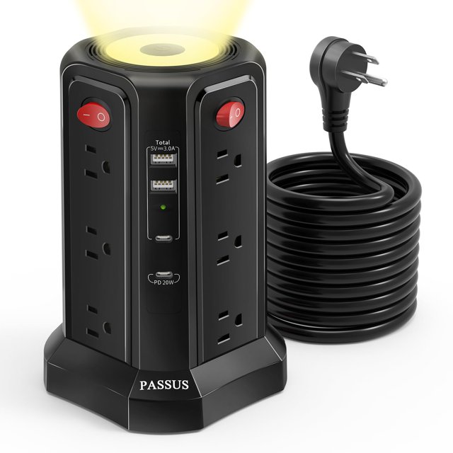Protector contra sobretensiones PASSUS Long Power Strip de 16 pies con USB-C PD20W