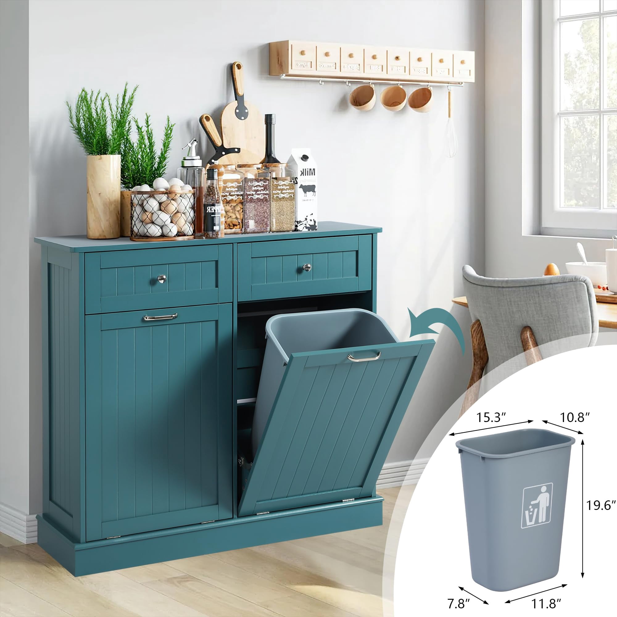 KIGOTY Dual Kitchen Trash Cabinet, Double Tilt Out Trash Can Cabinet with Countertop and Drawer, Free-Standing Pet Proof Recycling Cabinet Garbage Can Holder (Lake Blue)
