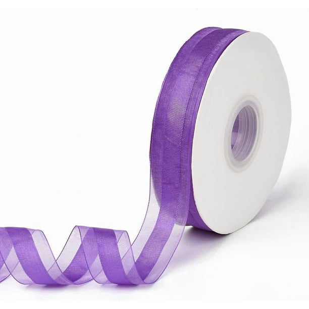 Cinta de organza transparente de 1 pulgada de ancho con borde de satén morado, gasa de malla transparente, cinta de hilo de tela a rayas, a granel con carrete