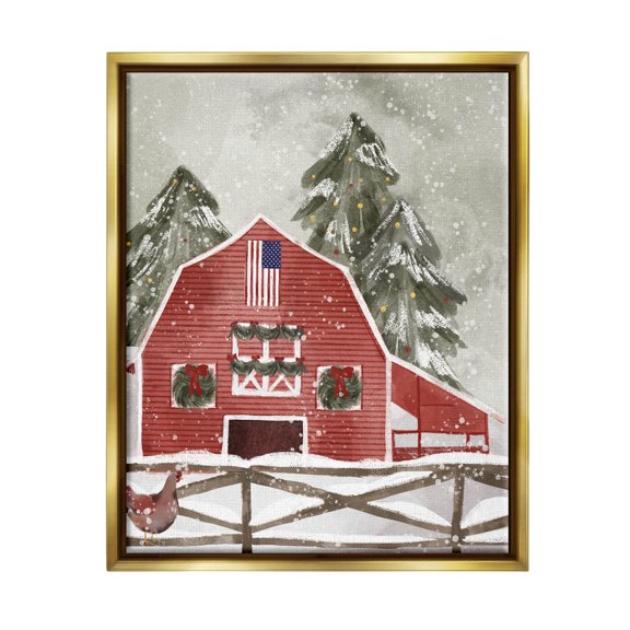 Stupell Industries Americana Barn Holiday Snow Scene Graphic Art Metallic Gold Floating Framed Canvas Print Wall Art, Design by Laura Konyndyk