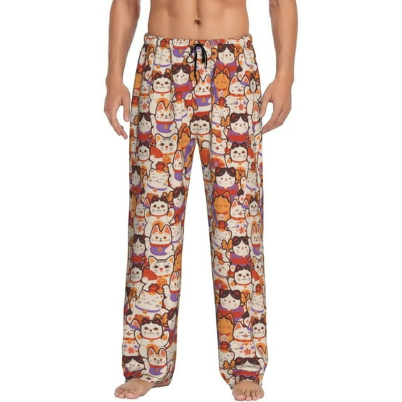 Logiee Maneki-Neko Cats Print Pajama Pants for Men,Men’s Pajama Bottoms,Mens PJ Pants with Pockets & Button Fly-Small