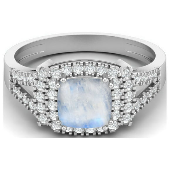 6MM Cushion Natural Moonstone 925 Sterling Silver Solitaire with Accent Women Ring