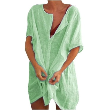 Womens Plus Size Linen Dress Beach Cover Up Button Down Shirt Mini Dresses Loose Bathing Suit Swimwear Coverups (L, Green)