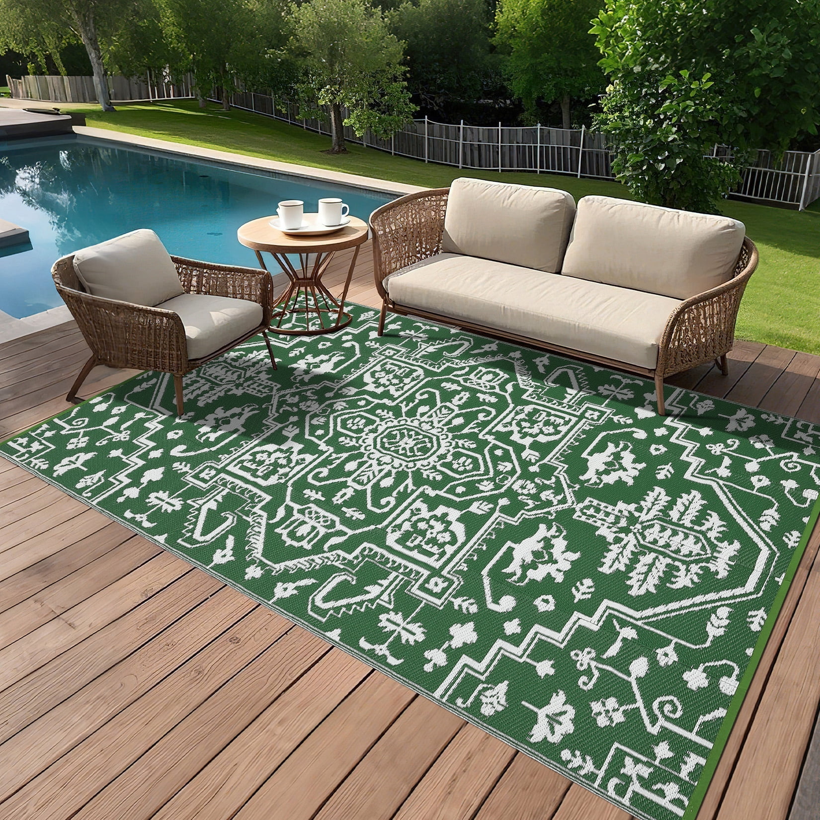 Garvee Large Waterproof Outdoor Rug, 9'x18' Reversible Plastic Straw Patio Rug Vintage Boho Camping Rugs UV-Resistant Outdoor Carpet for RV, Porch Deck Backyard Balcony, Green