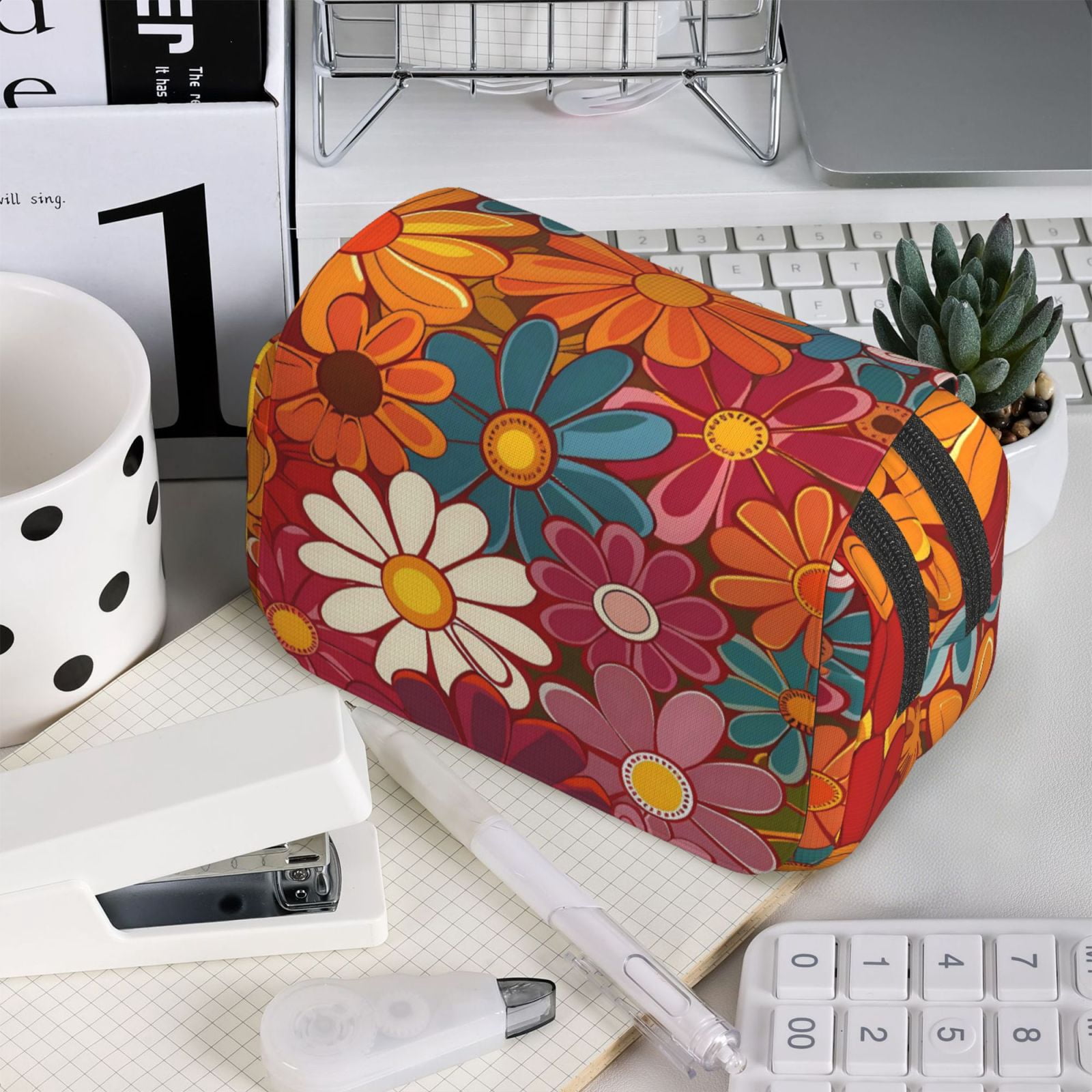 Large-Capacity Flip-Top Double-Layer Pencil Case, Multi-Functional Pocket Pen Case, Durable Stationery Organizer Groovy Flowers (10)