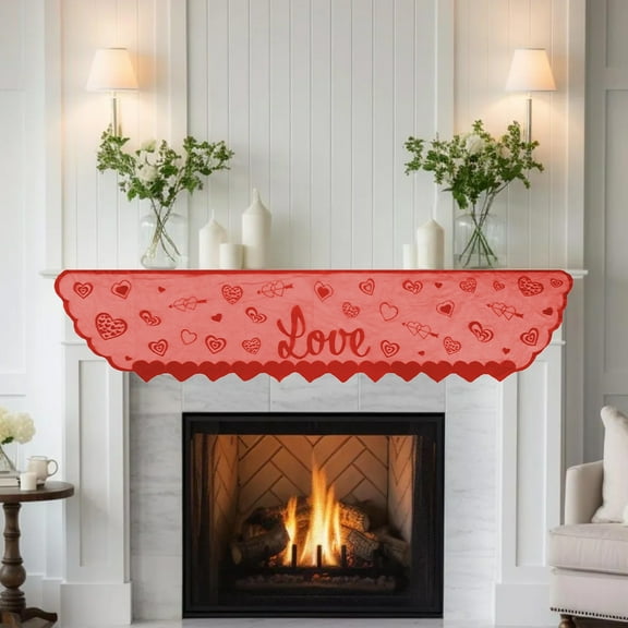 Zenithome Valentine Lace Fireplace Mantle Table Runner Romantic Elegant Soft Red 17.72x88.58In For Fireplace Table Anniversary Wedding Decor