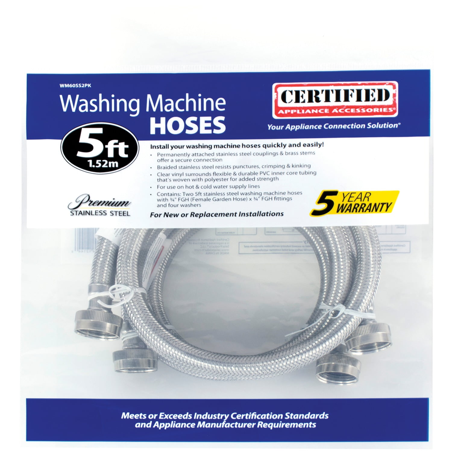 Certified Appliance Accessories WM60SS2PK 2 Pk Braided Stainless Steel Washing Machine Hoses, 5ft
