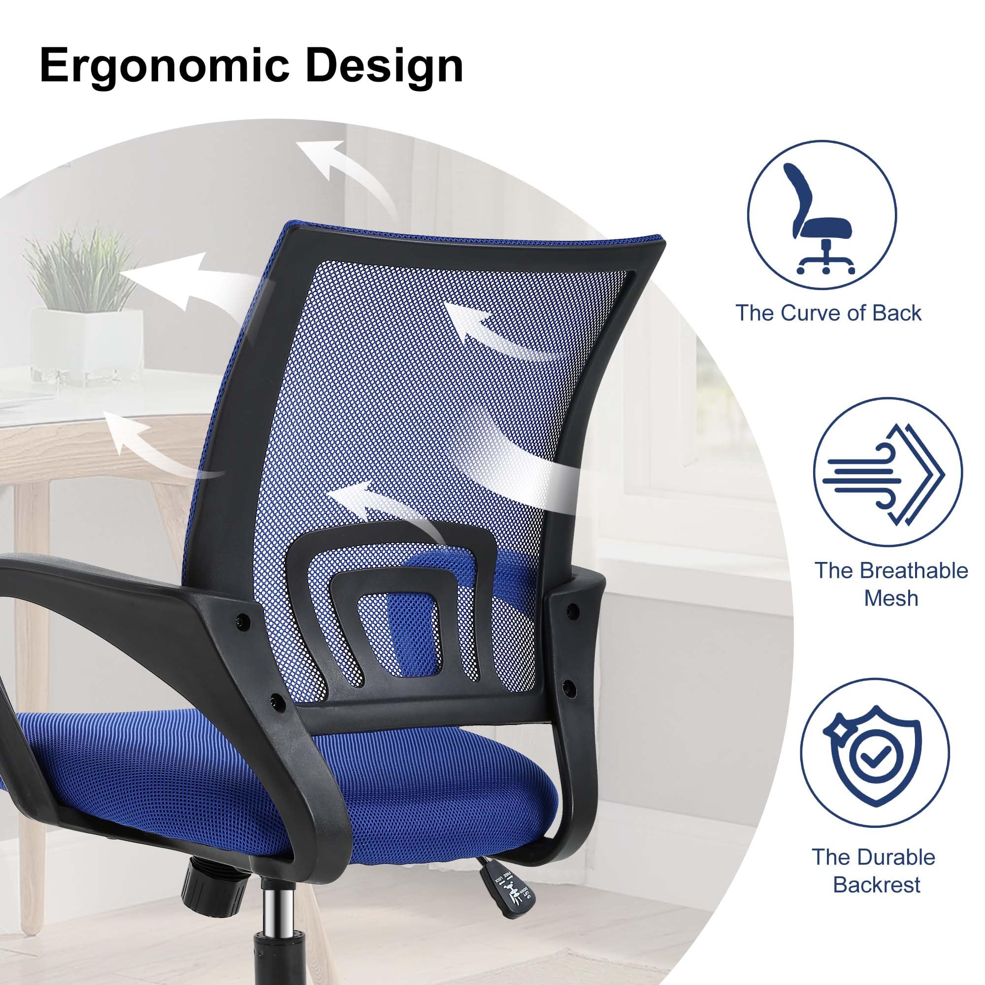 CL.HPAHKL Ergonomic Desk Chair, Mid-Back Mesh Office Chair with Wheels, Rolling Swivel Computer Task Chair for Home Office, Fixed Armrests, Tilt & Height Adjustable, Blue