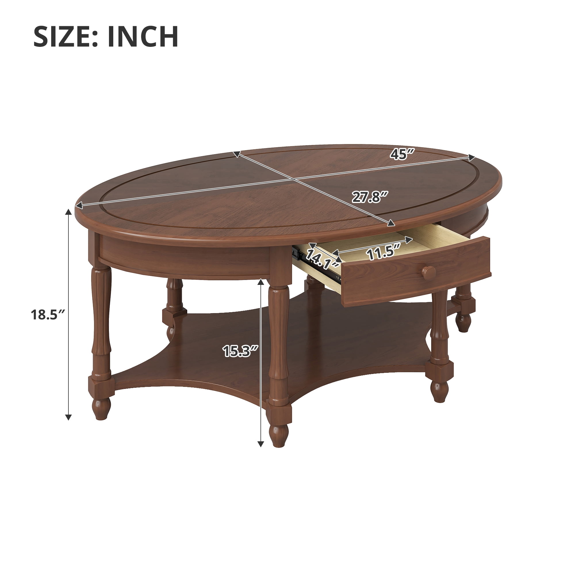 GARITIN Oval Coffee Table 45 Inch, Vintage Cocktail Table with Drawer and Storage Shelf for Living Room, Dark Walnut