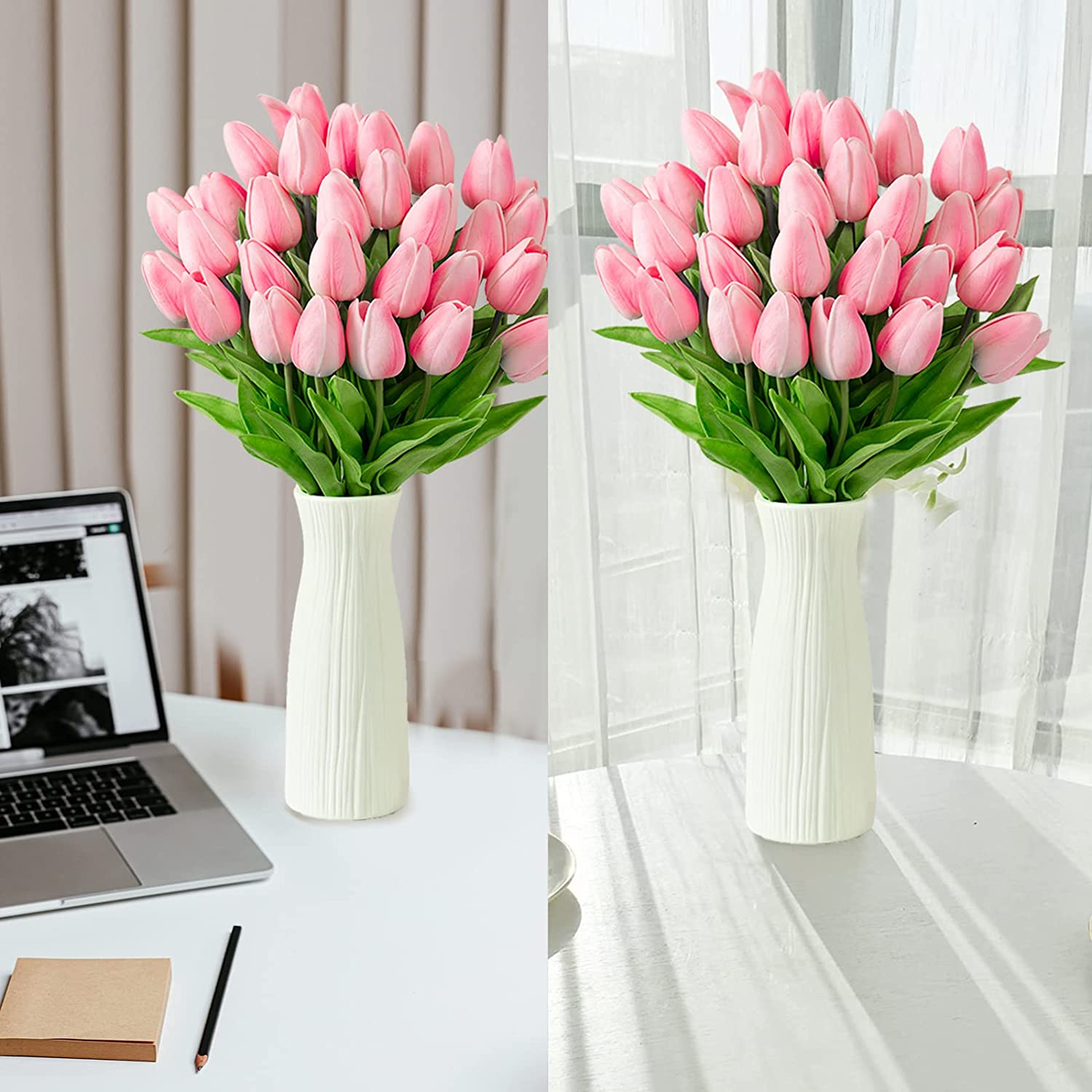 30Pcs Artificial Tulip Flowers Faux Tulip Stems PU Real Touch Tulips 13.7" for Spring Easter Vase Wedding Bouquets Floral Arrangements Wreath Table Centerpiece Indoor Outdoor Decoration (Pink)