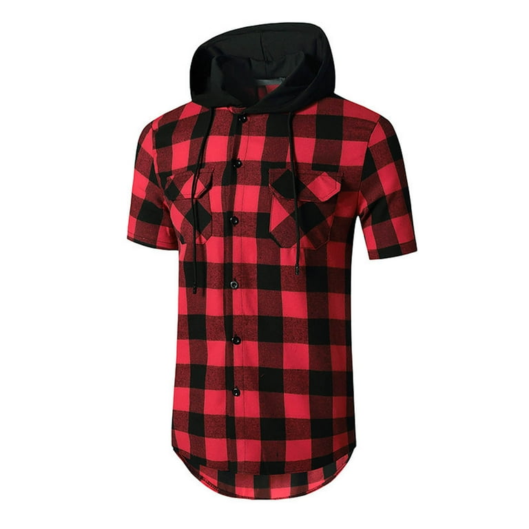 Zcfzjw Hoodie Shirts for Men Casual Summer Short Sleeve Buffalo Plaid Print Drawstring Hooded Tops Trendy Lightweight Comfy T-Shirt with Pockets Red