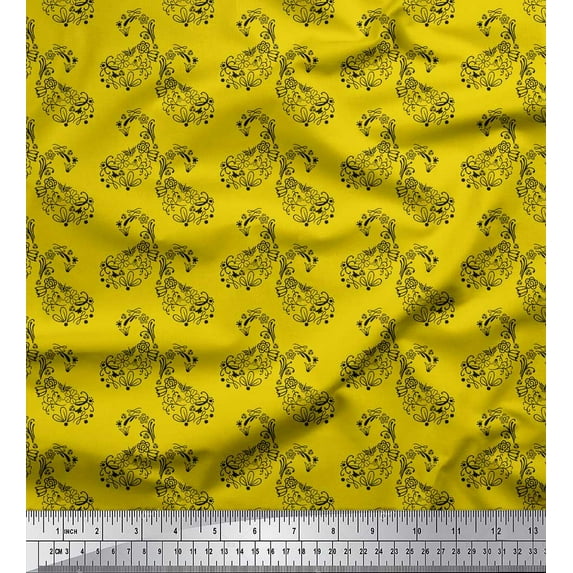 Soimoi Yellow Cotton Poplin Fabric Black Sketch Floral & Paisley Print Fabric by Yard 42 Inch Wide
