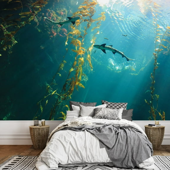 wall26 - Small Shark in The Ocean with Amazing Light Ray - Removable Wall Mural | Self-Adhesive Large Wallpaper - 66x96 inches