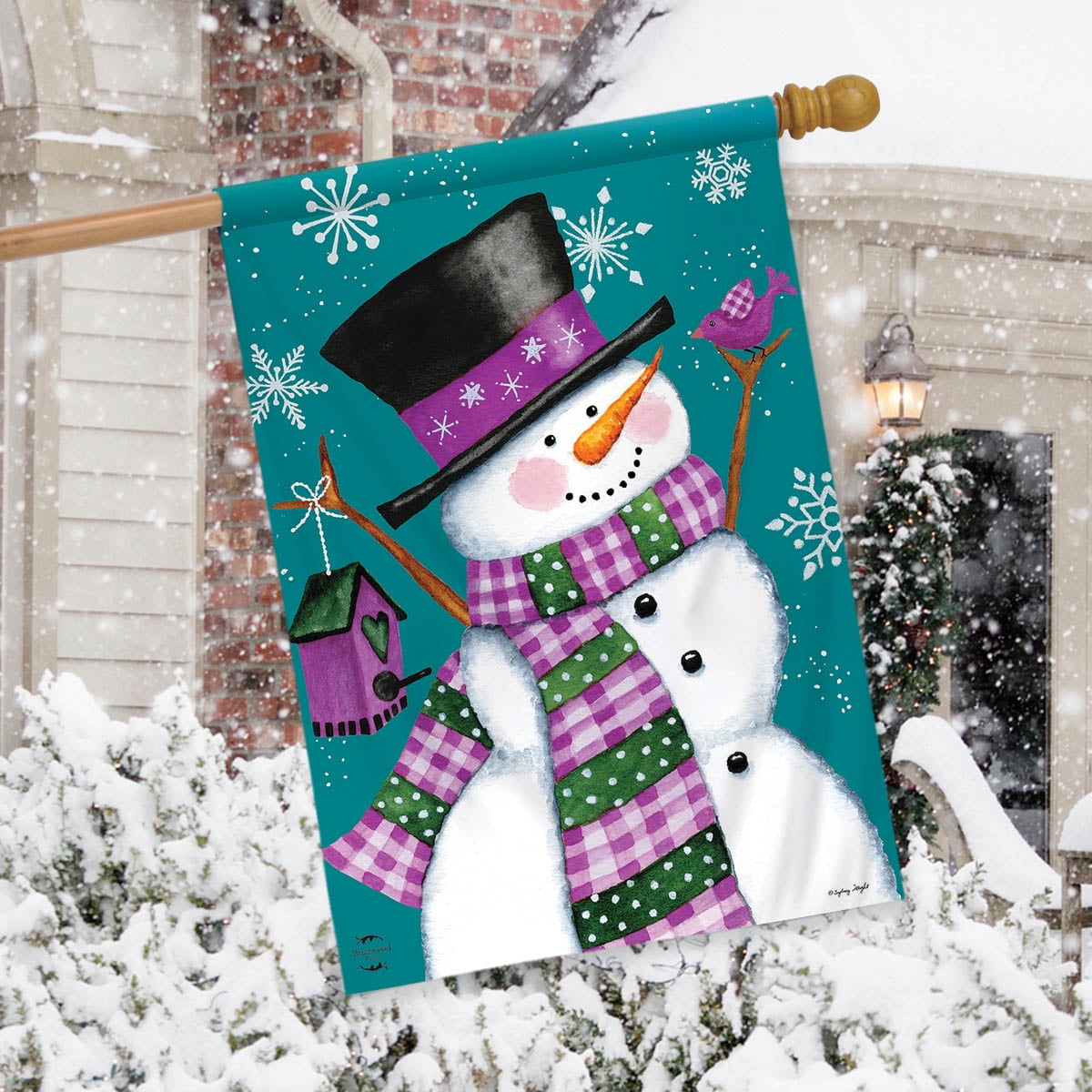 #131 WINTER WONDERLAND SNOWMAN WITH BIRDHOUSE SNOW  HOUSE FLAG 28X40 BANNER 