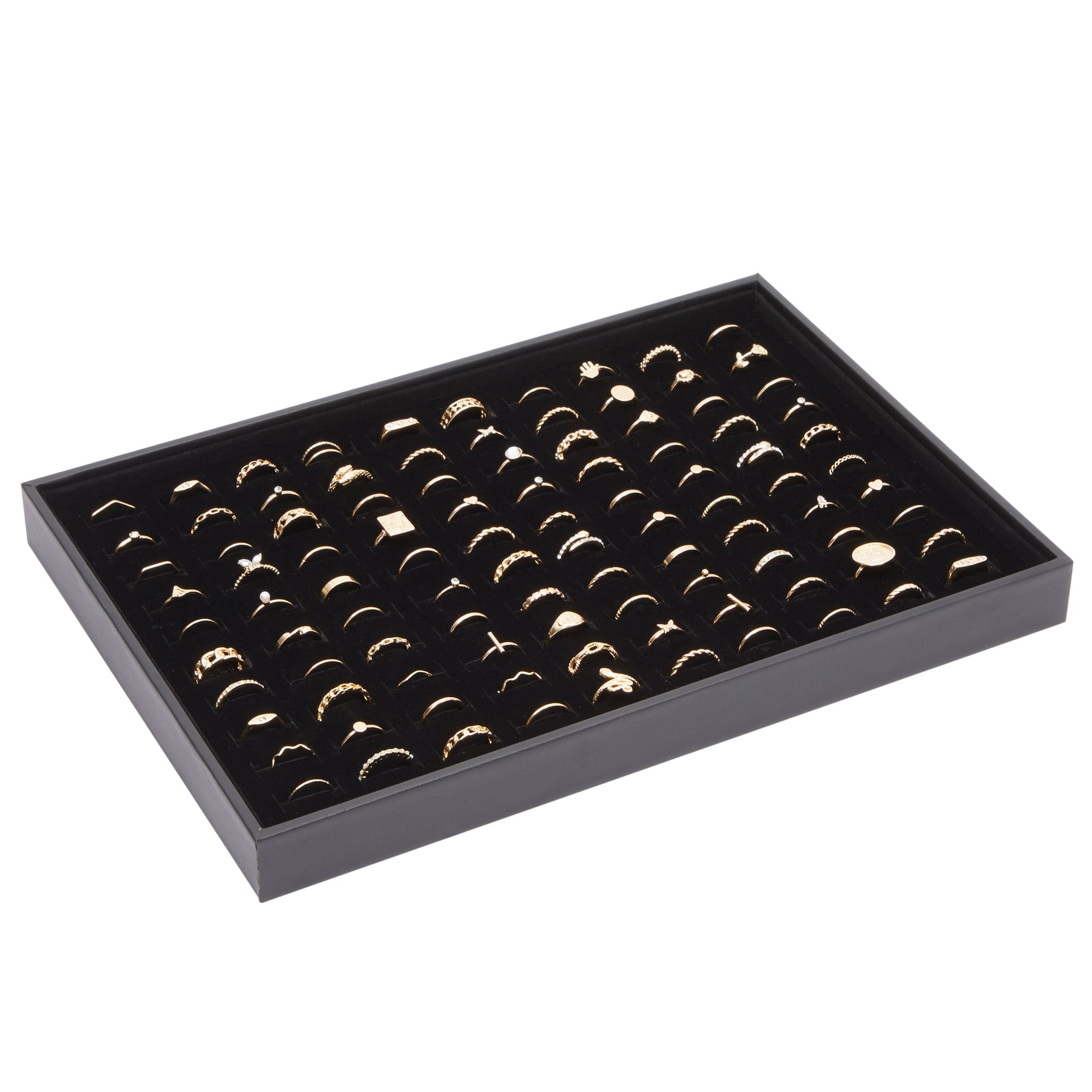Juvale Ring Display Tray - Velvet Protection & Jewelry Display - Removable Pad & Earring Storage - Stackable Jewelry Trays & Glasses Holder for Nightstand - Pack of 2, 13.8 x 9.5 x 1.3 in, Black