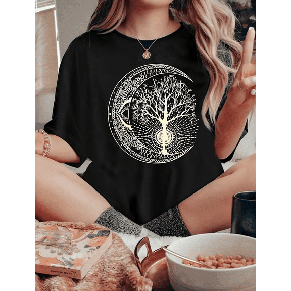 Plus Size Women's Casual Shirt Gradient Rice White Moon Tree Graphic Loose Short Sleeves T-Shirt
