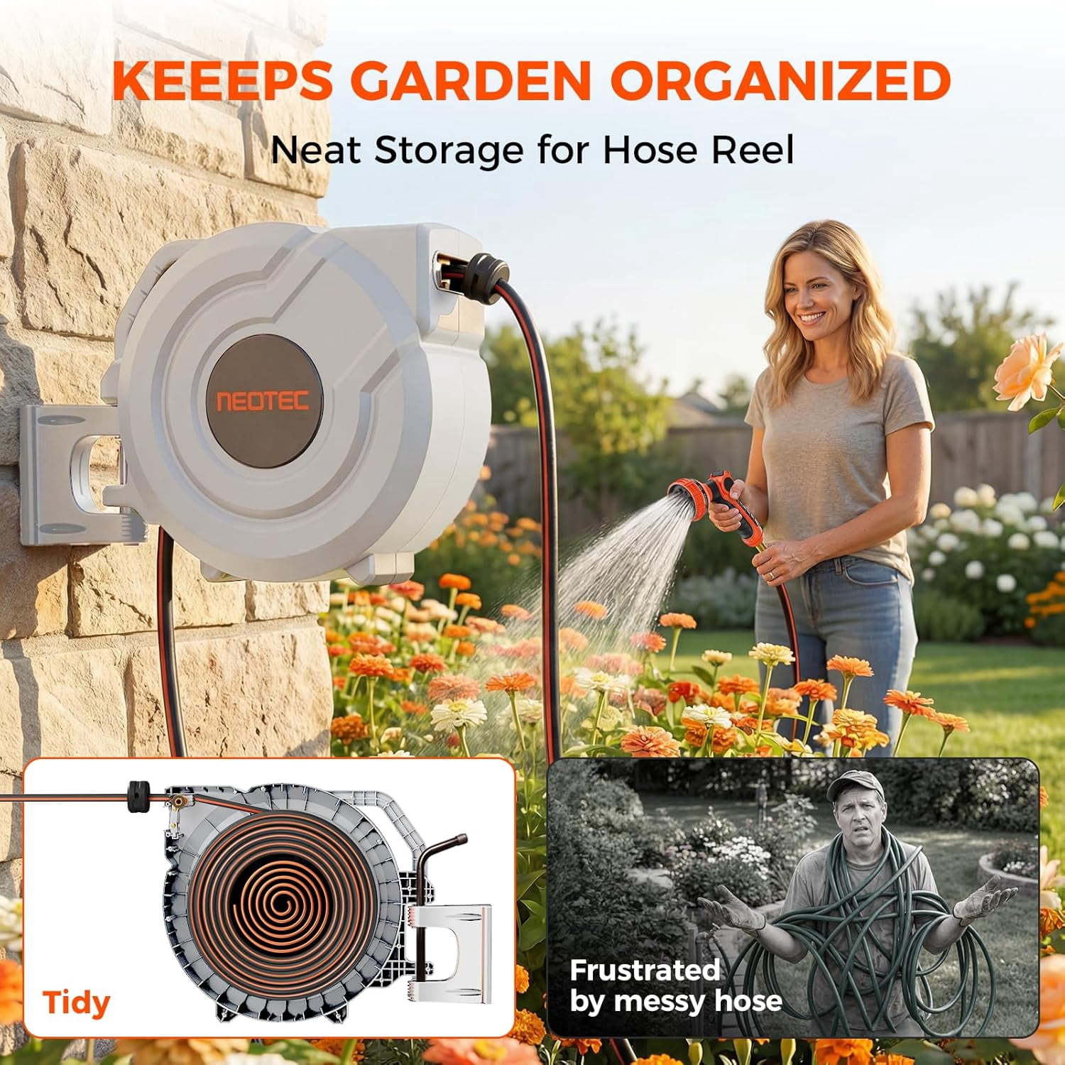 100ft 5/8 Inch Retractable Garden Hose Reel, Heavy Duty Wall Mounted with Slow Auto Rewind & Any-Length Lock – 9-Pattern Nozzle, 180° Swivel Bracket, UV Resistant for Outside Use