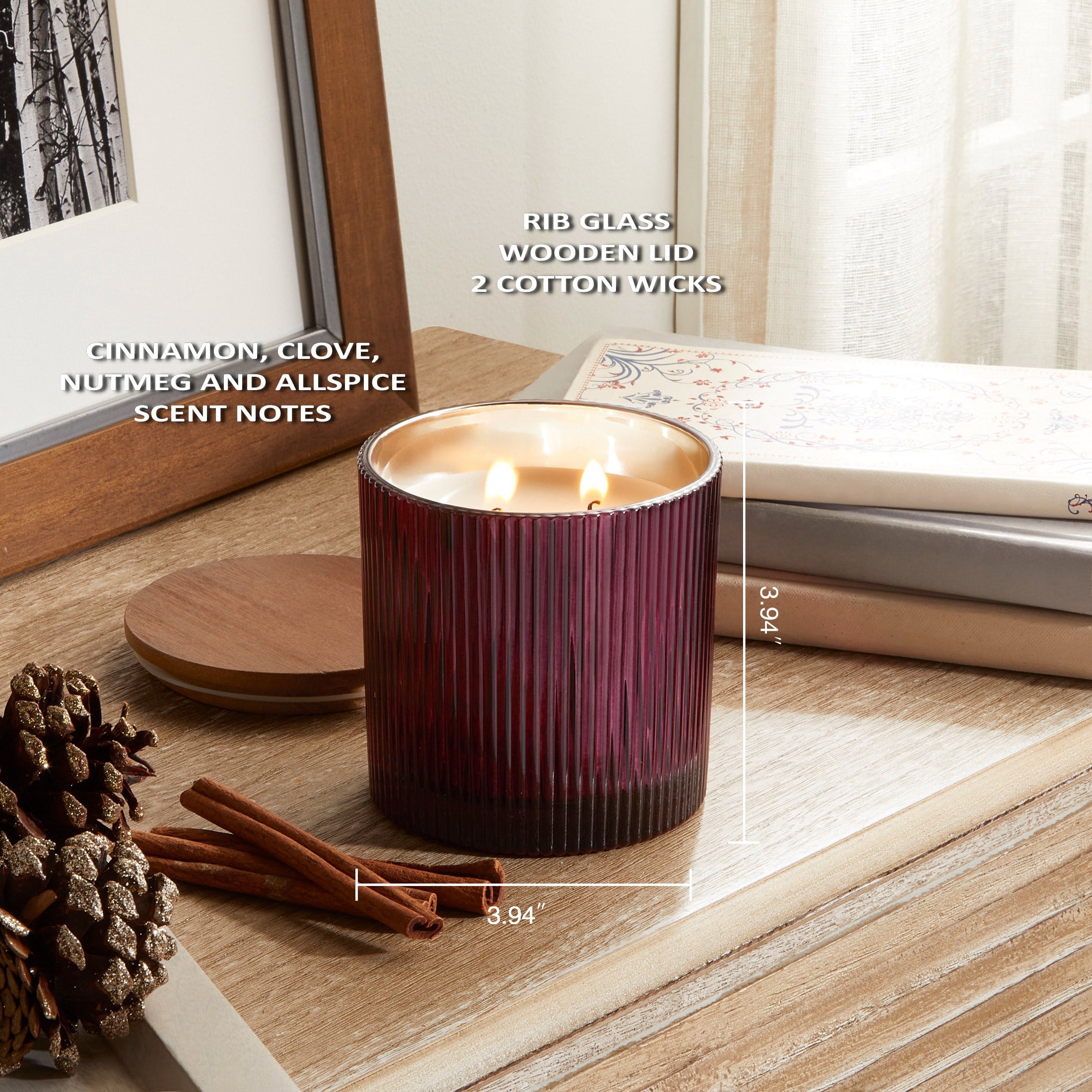 Better Homes & Gardens Spicy Cinnamon Stick Scented Cotton 2-Wicks Ribbed Mecury Glass Jar Candle with Wooden Lid 12oz