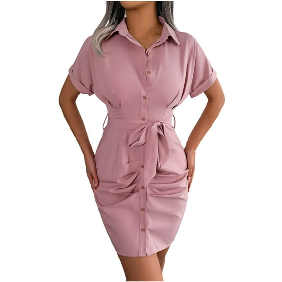 Wycnly Dresses for Women Sexy Bodycon Button Down Wrap Shirt Dresses with Belt Lapel Short Sleeve Solid Summer Mini Formal Dress Pink l