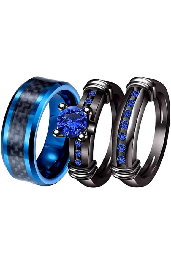 Matching Ring Couple Rings Black Gold Plated 1CT Blue CZ Wedding Ring Sets Male Ring