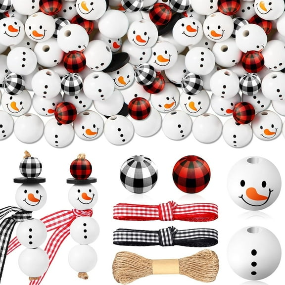 TETOU 150 Pcs DIY Christmas Snowman Wooden Bead Crafts,Red Black Plaid Round Wood Bead with Twine Scarf Xmas DIY Ornaments for Home Christmas Tree Holiday Decor