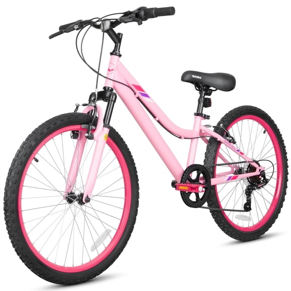 Hykolity Kids Mountain Bike, 24 inch 7 Speed Kid Bicycle, Girls Mountain Bike Age 8-14 Year Old with Front Suspension Fork, Adjustable Seat Height,High-Carbon Steel, Pink