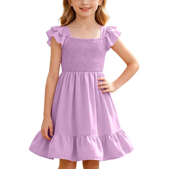QSAWXQZ Girls' Smocked Tiered Dress Scoop Neck Flutter Cap Sleeves Solid Reffle Hem Midi Sundress Casual Outfit 9 Years