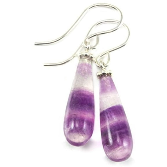 Sterling Silver Fluorite Earrings Striped Purple Small Smooth Round Silvertone Accents Teardrop Dainty Lighweight Drops Designed for Adult Women