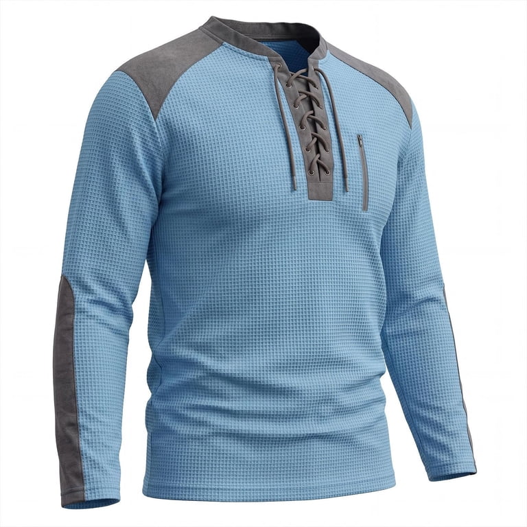 JUUYY Men's Waffle Henley Shirts Lace-Up V Neck Long Sleeve