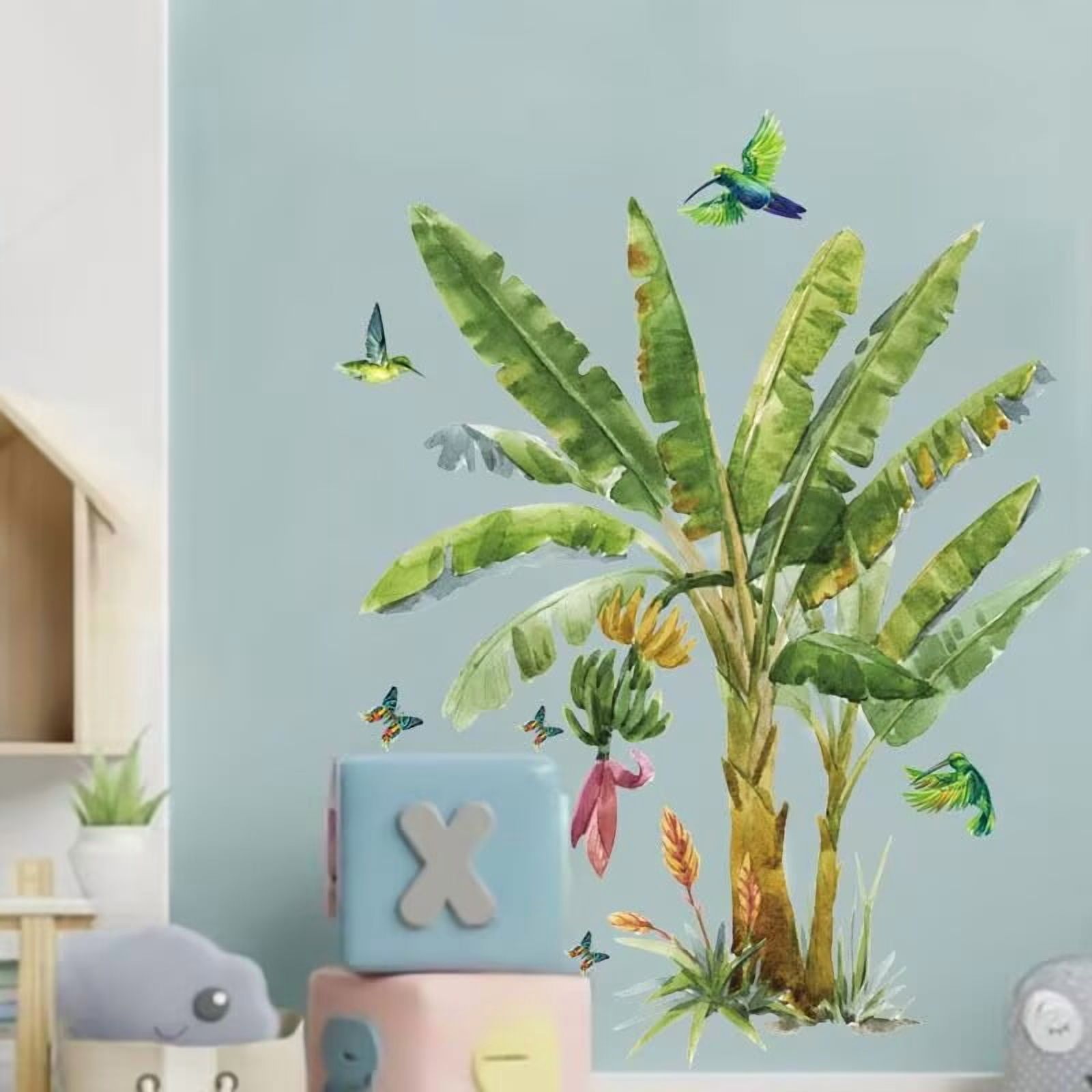 Tropical Banana Plant Wall Stickers Bird wall sticker for Living Room Large Leaves Wall Decals Removable Peel and Stick Wall Art Home Decor Decoration for Bedroom Bathroom Classroom Library Nursery