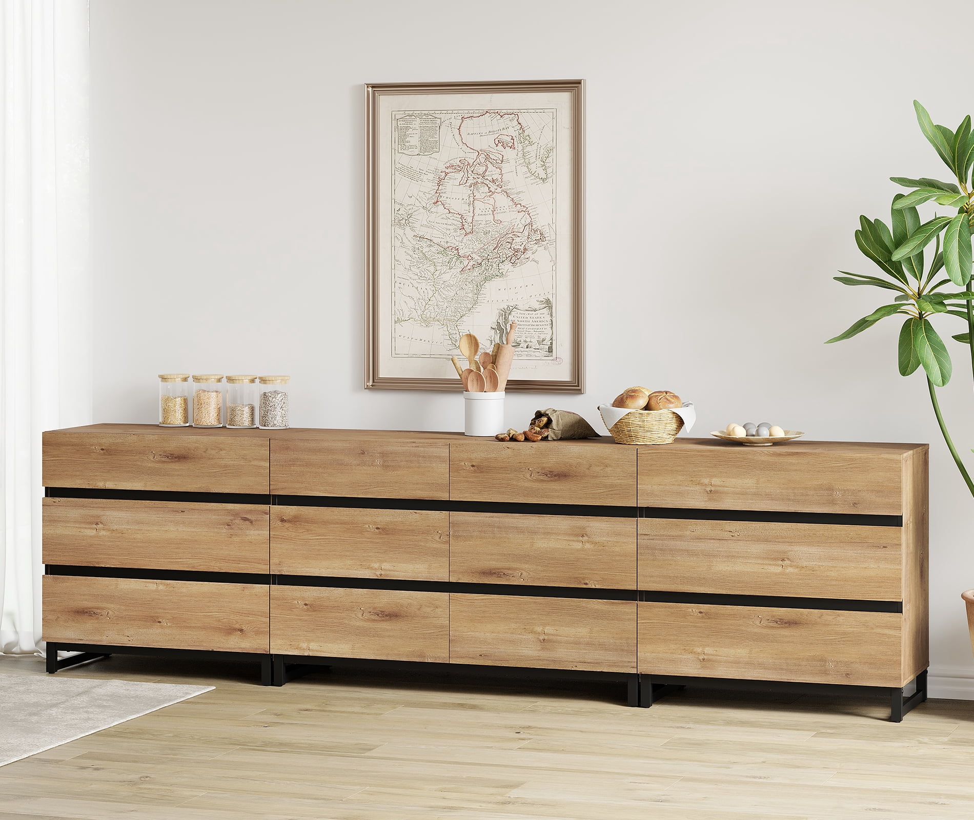 3 In 1 Sideboard Buffet Cabinets With 12 Drawers, Modern Sideboard Credenza With Metal Base, Coffee Bar Cabinet Storage Cabinet,Oak