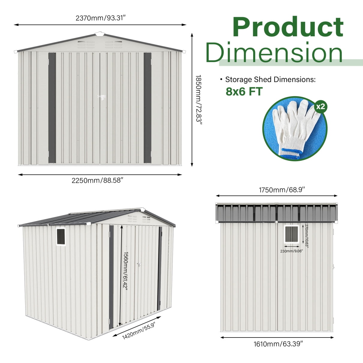 8X6 FT Outdoor Storage Shed with Window, Metal Garden Tool Shed with Vents and Lockable Double Doors, Waterproof Organization for Patio/Backyard/Lawn Storage, White
