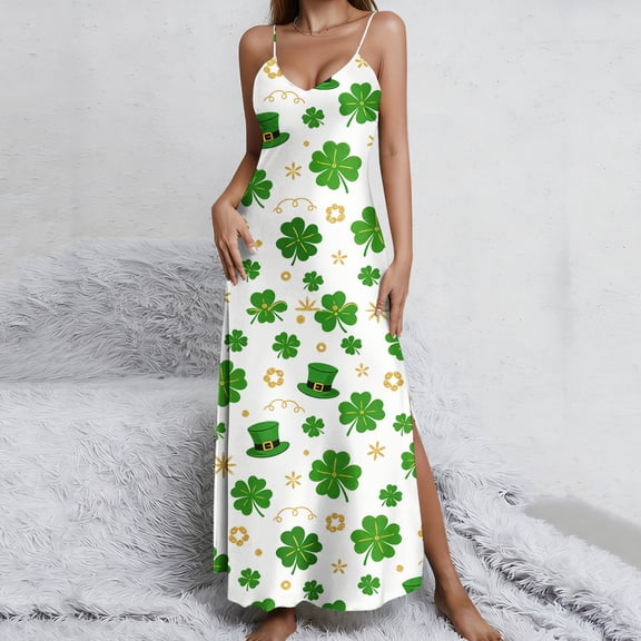 Uootdi Casual Dresses for Women St. Patrick's Day Four Leaf Clover Print Spaghetti Strap V Neck Side Slit Maxi Dress Summer Beach Wear Gift