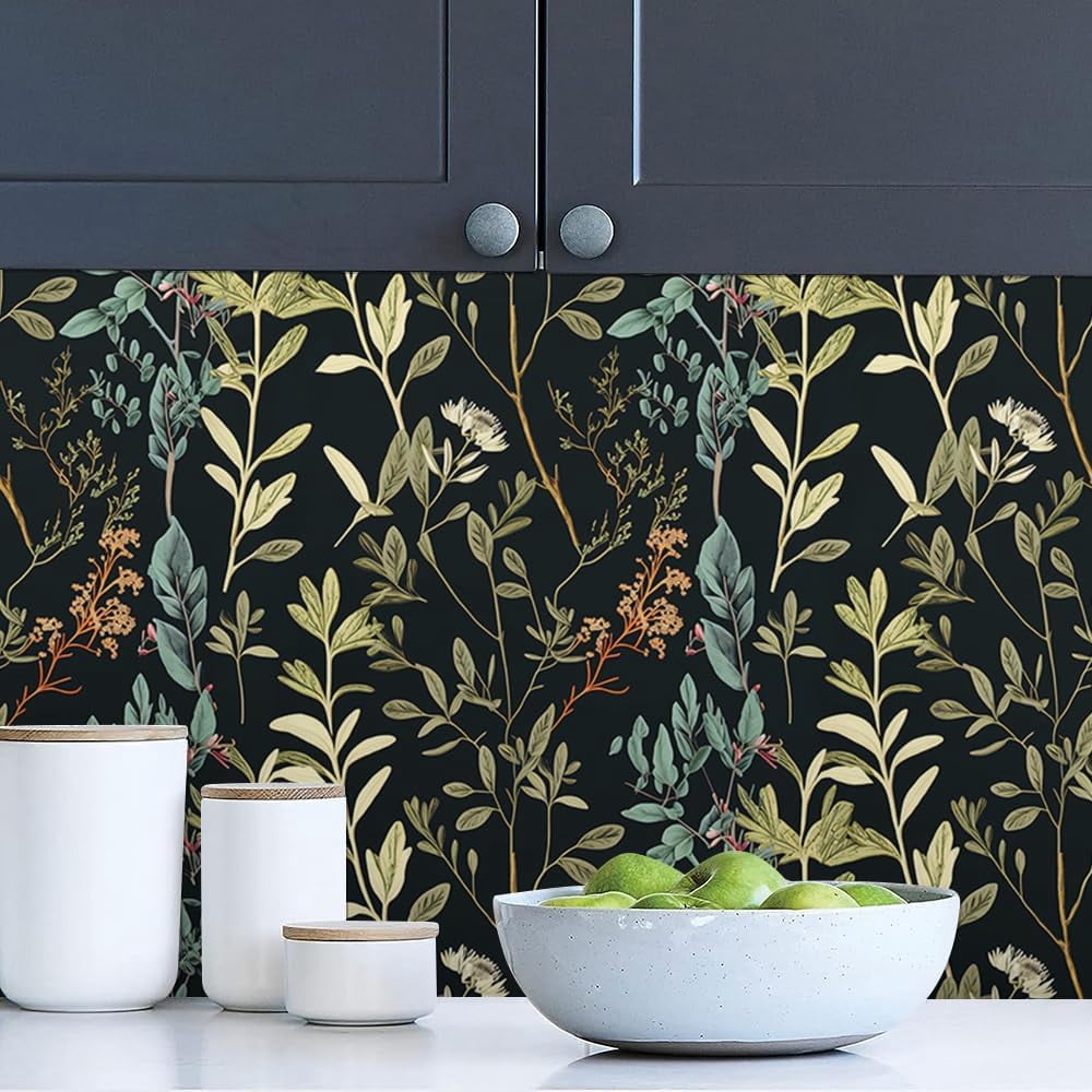 Blue/Brown/Yellow Wildflowers Grass in Black Leaf Flowers Peel and Stick Wallpaper Wall Decor Self Adhesive Wall Paper Stick on Easy Peel Off Contact for Renter Apartment