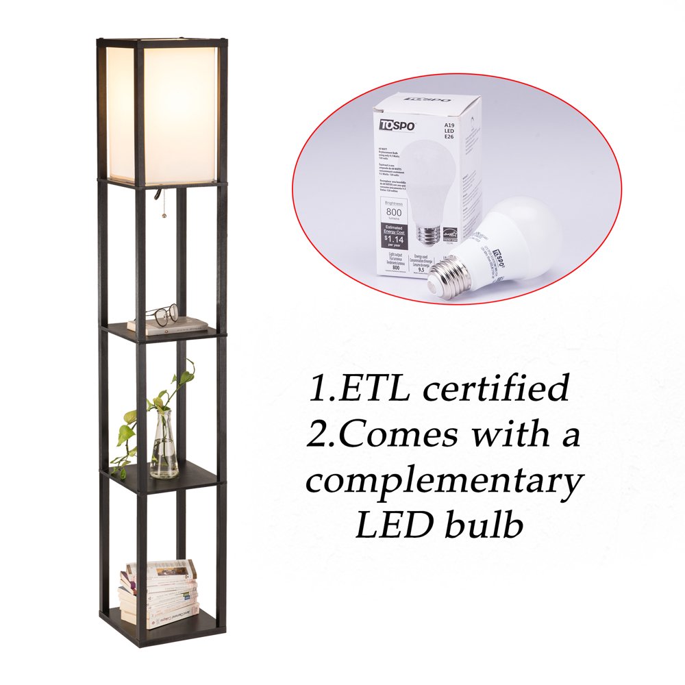 Floor Lamp with Storage Shelves Fabric Shade Minimalist Black for