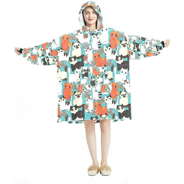 Oversized Wearable Lounging Blanket Hoodie with Pocket Cute Cats Kittens Warm Hooded Blanket ...