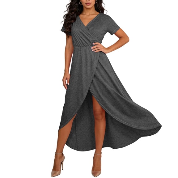 Maplenight Women's Formal Dresses Glitter Stretchy V Neck A-line Cocktail Dress Ruffle Hem Ladies Dress for Wedding Guest