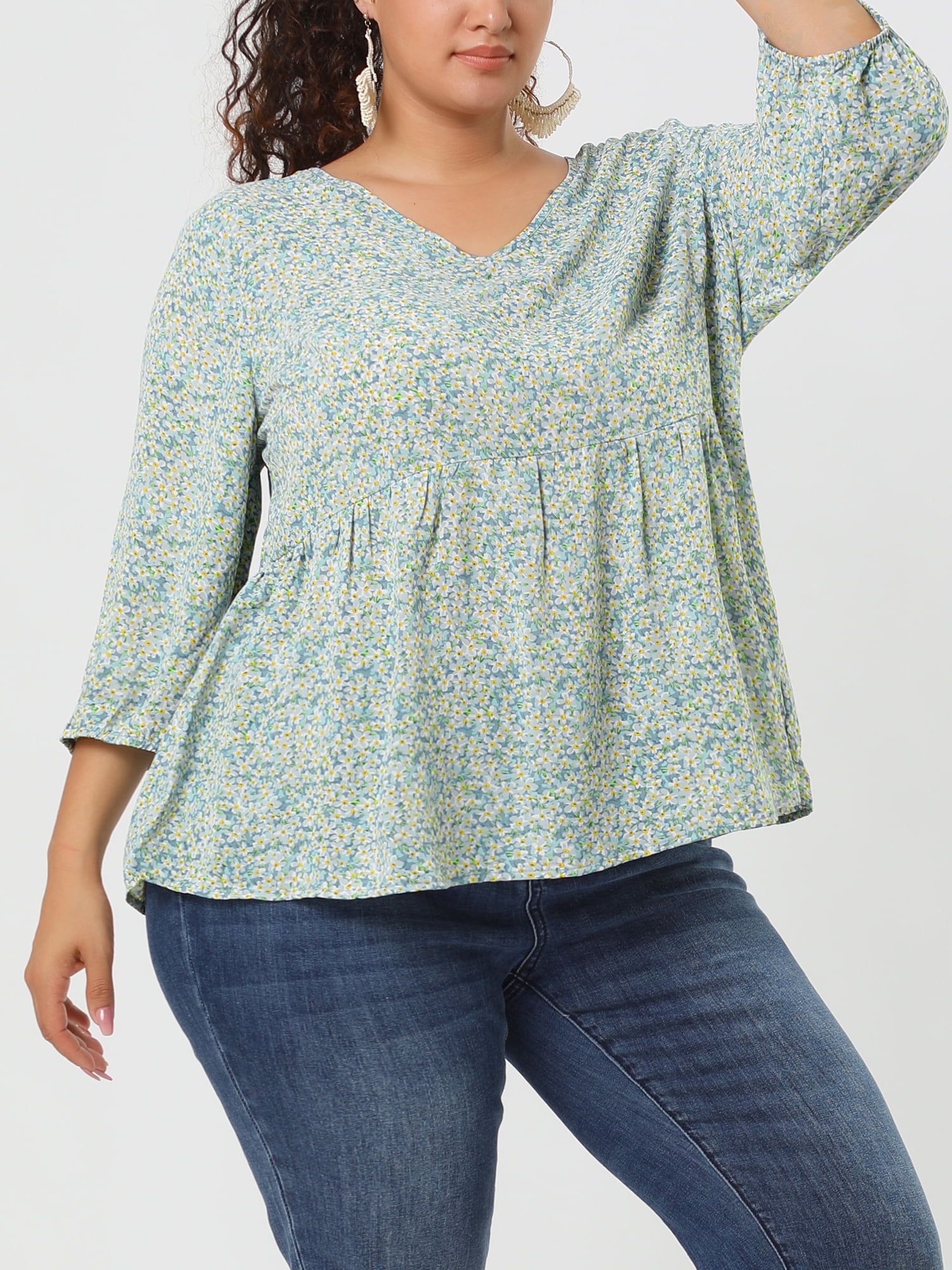 Unique Bargains Juniors' Plus Size Tops Floral Ruffle Flowy Peplum Top Light Blue 4X