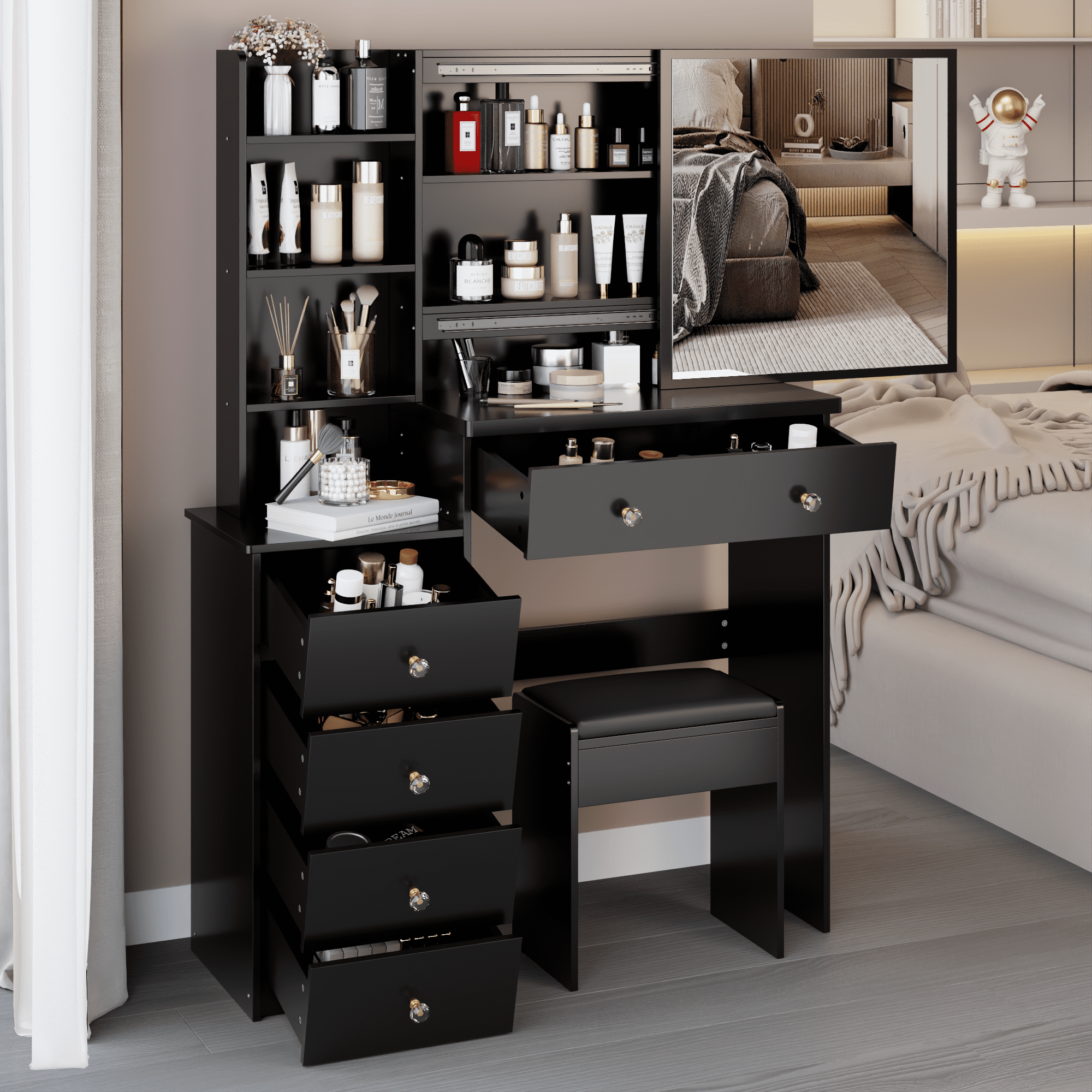 37" Large Space Dresser Set with Sliding Mirror & Stool, MDF Vanity Table with Multi-Layer Storage, American Design for Bedroom