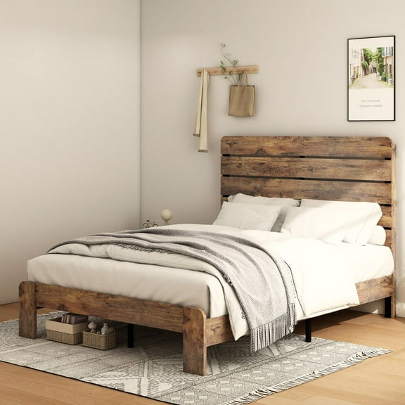 LUMAMIN Queen Size Bed Frame, Industrial Wood Platform Bed with Metal Frame, Large Under Bed Storage, No Box Spring Required, Dark Brown
