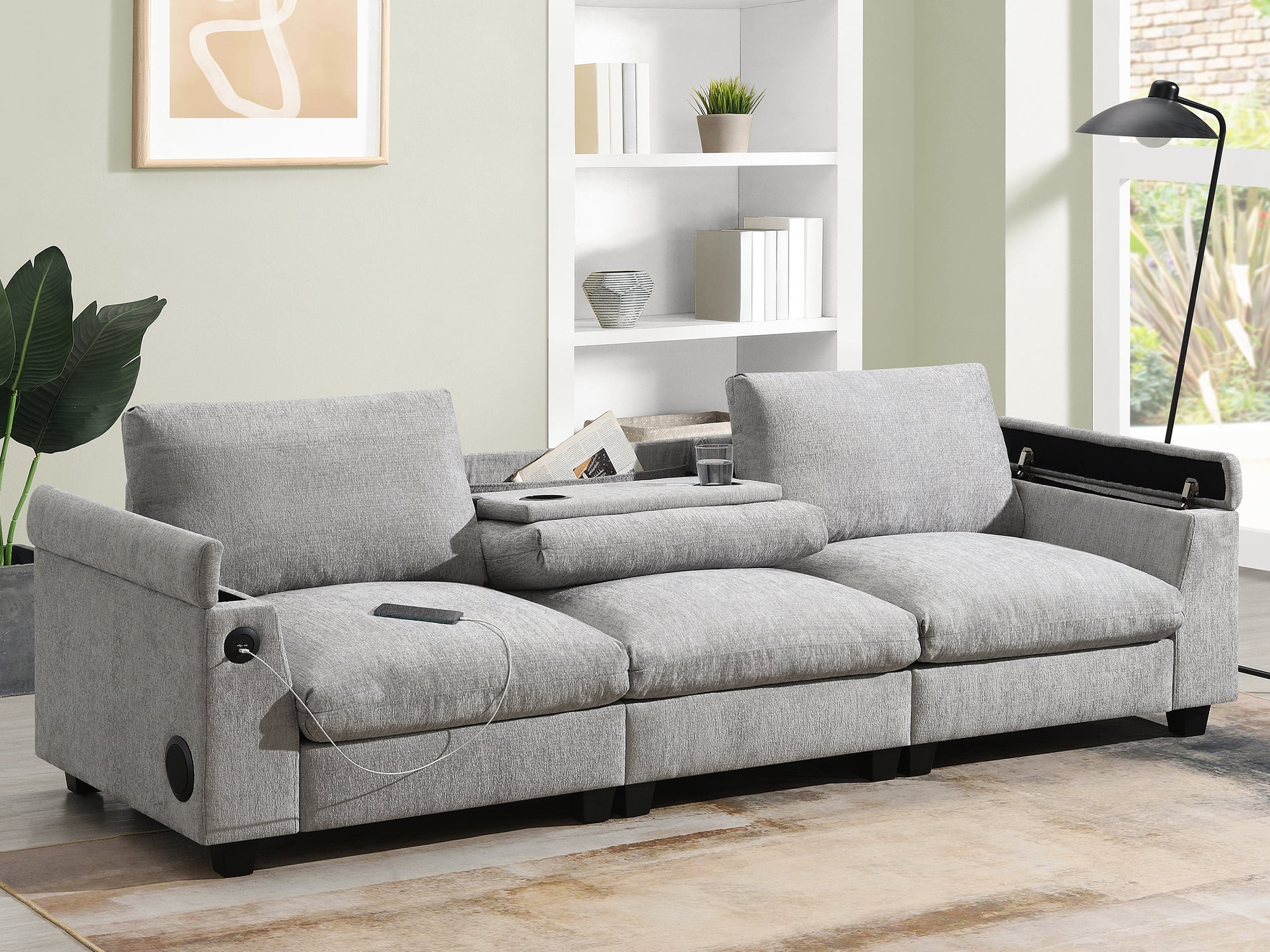 MAYEERTY 96x35" Chenille Sectional Sofa - Bluetooth Speaker, Drop Down Table/Cup Holders/USB/Storage Armrest, Wide Seat for Living Room/Apartment/Office, 3 Colors