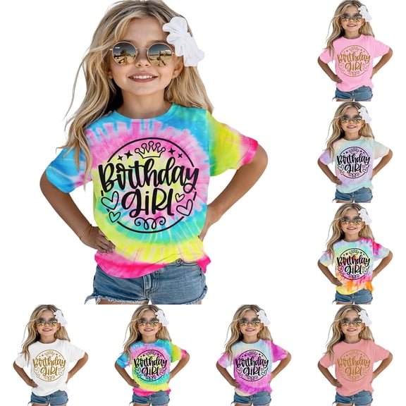 RTKFRFLM Birthday Girl Tie-Dye T-Shirt Kids Sequin Party Graphic Top 10th Birthday Gift Shirt for Girls Fashionable Summer Celebration Cotton Tee Trendy Colorful Party Outfit
