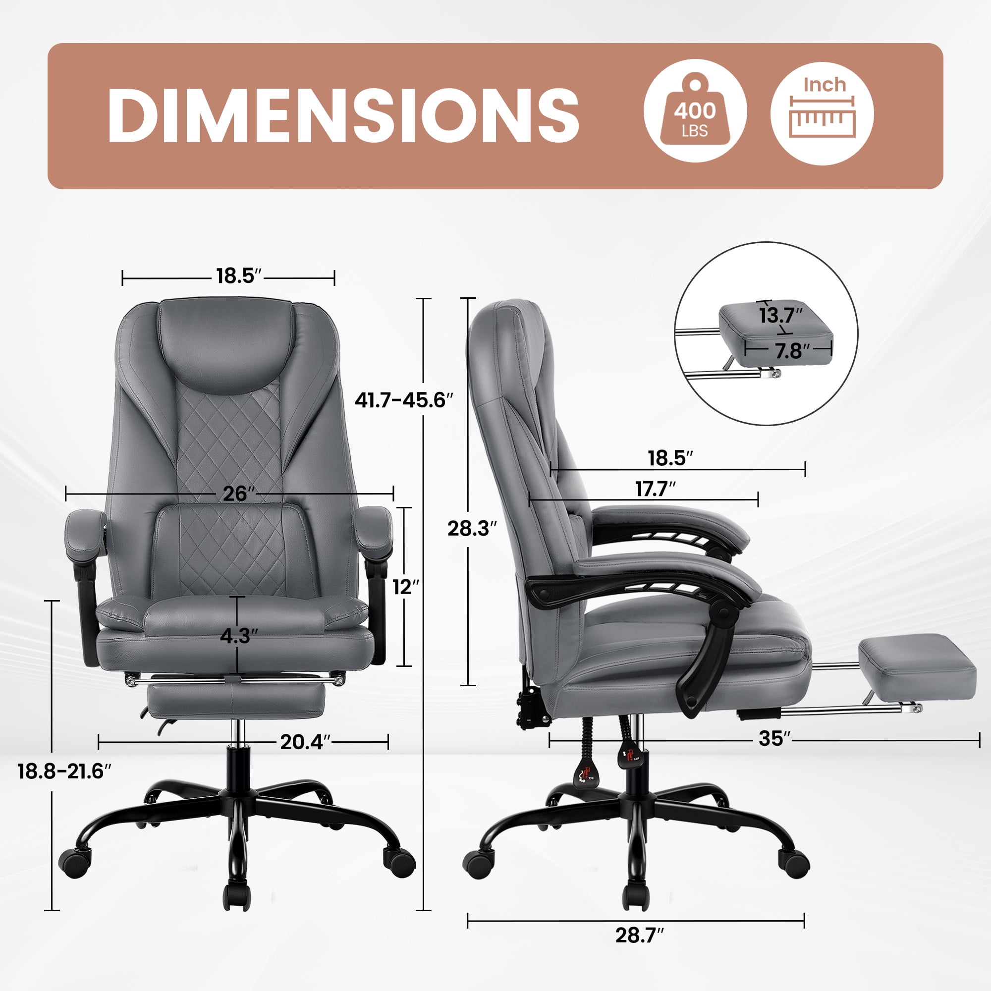 COOLHUT Executive Office Chair, Big and Tall Office Chair with Footrest Reclining Faux Leather Chair High Back Lumbar Support Ergonomic Office Chair with Padded Armrests, Gray