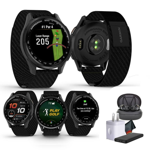 Garmin Approach S50 Advanced Golf Watch with GPS, AMOLED Display, Sports and Fitness Smartwatch, Slate Aluminum Bezel with Black ComfortFit Nylon Band Bundle With Wireless Air Buds