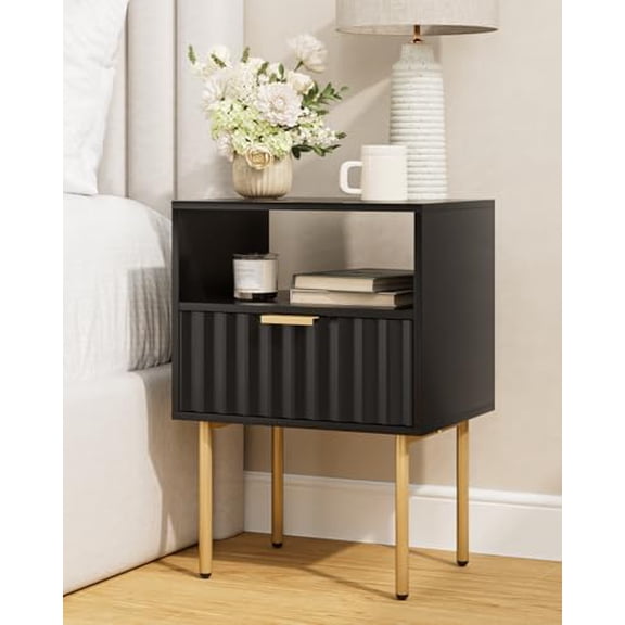 Night Stand,Modern Bedside Table with Drawer and Shelf,Black Night Stand with Gold Frame,Small Side Table for Bedroom,Living Room