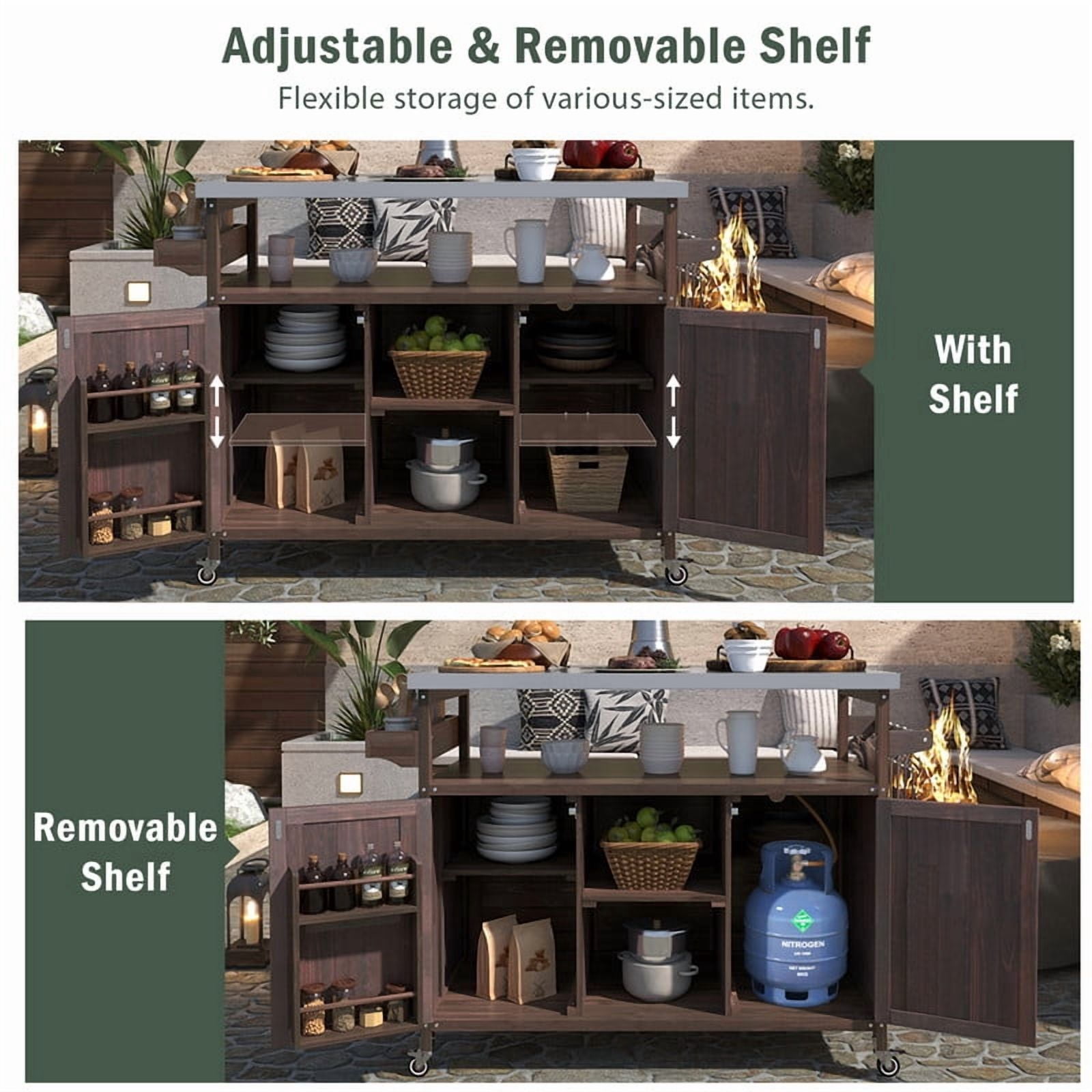 Outdoor Kitchen Island with Stainless Steel Top, Wood Grill Cart Storage Cabinet with Adjustable Shelf, Outdoor Grill Table with Spice Rack & Towel Rack