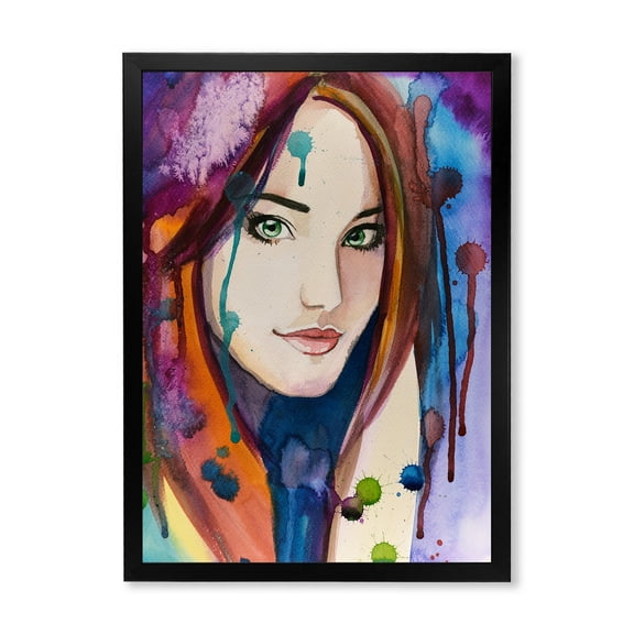 Designart 'Colorful Portrait Of Green Eyes Young Woman' Traditional Framed Art Print