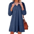 thumbnail image 3 of Juesizh Dresses for Women Plus Size Lapel V-neck Denim Dress Casual Summer 3/4 Puff Sleeve Solid Color Mini Dress, S-3XL, 3 of 7