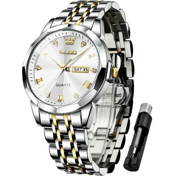 OLEVS Watch for Men Diamond Business Dress Analog Quartz Stainless Steel Waterproof Luminous Date Two Tone Luxury Casual Wrist Watch